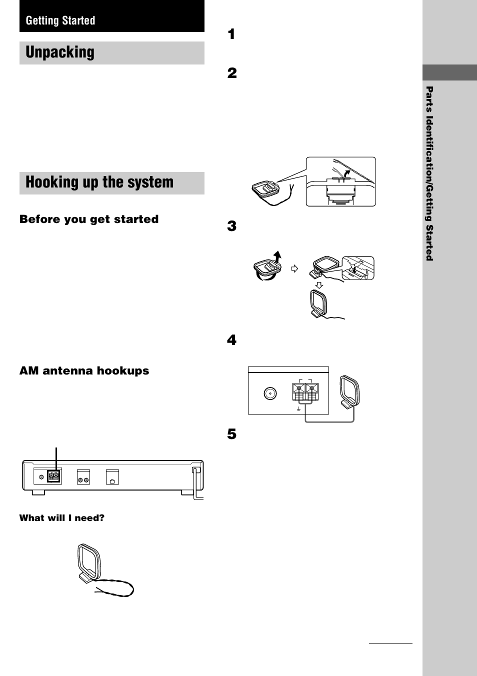 Getting started, Unpacking, Hooking up the system | Before you get started, Am antenna hookups | Sony ST-SE370 User Manual | Page 5 / 20