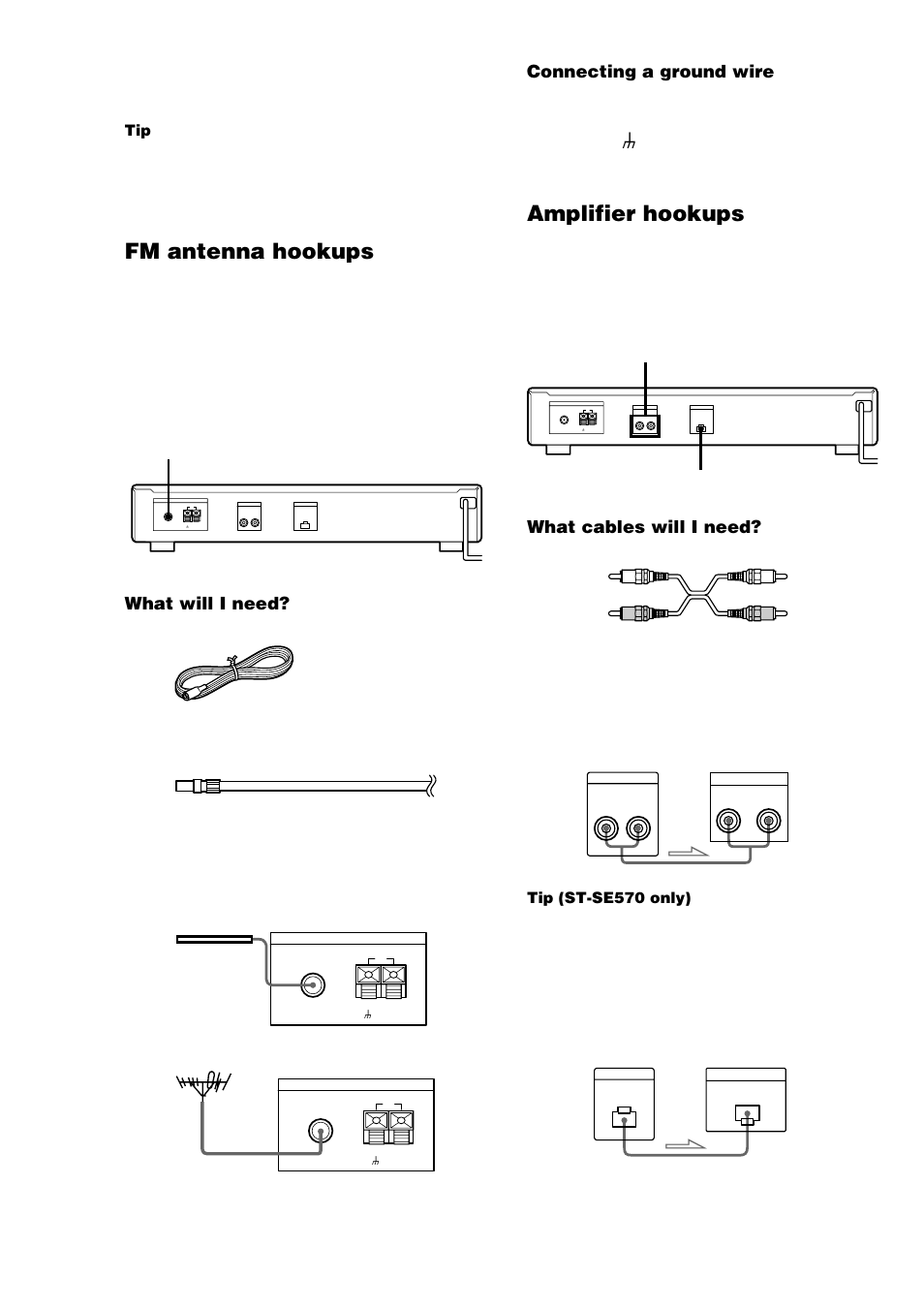 Fm antenna hookups, Amplifier hookups, Hooking up the system (continued) | Connecting a ground wire, Fm antenna, Eon control output, White (l), White (l) red (r) red (r), Tuner amplifier tip (st-se570 only), Tuner amplifier | Sony ST-SE370 User Manual | Page 6 / 20