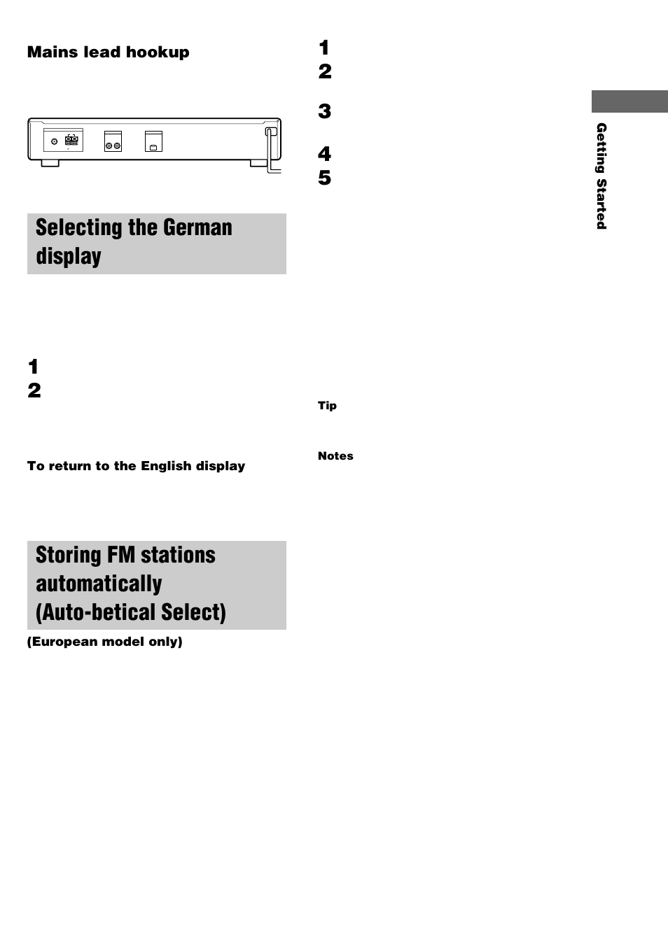 Selecting the german display, Mains lead hookup | Sony ST-SE370 User Manual | Page 7 / 20