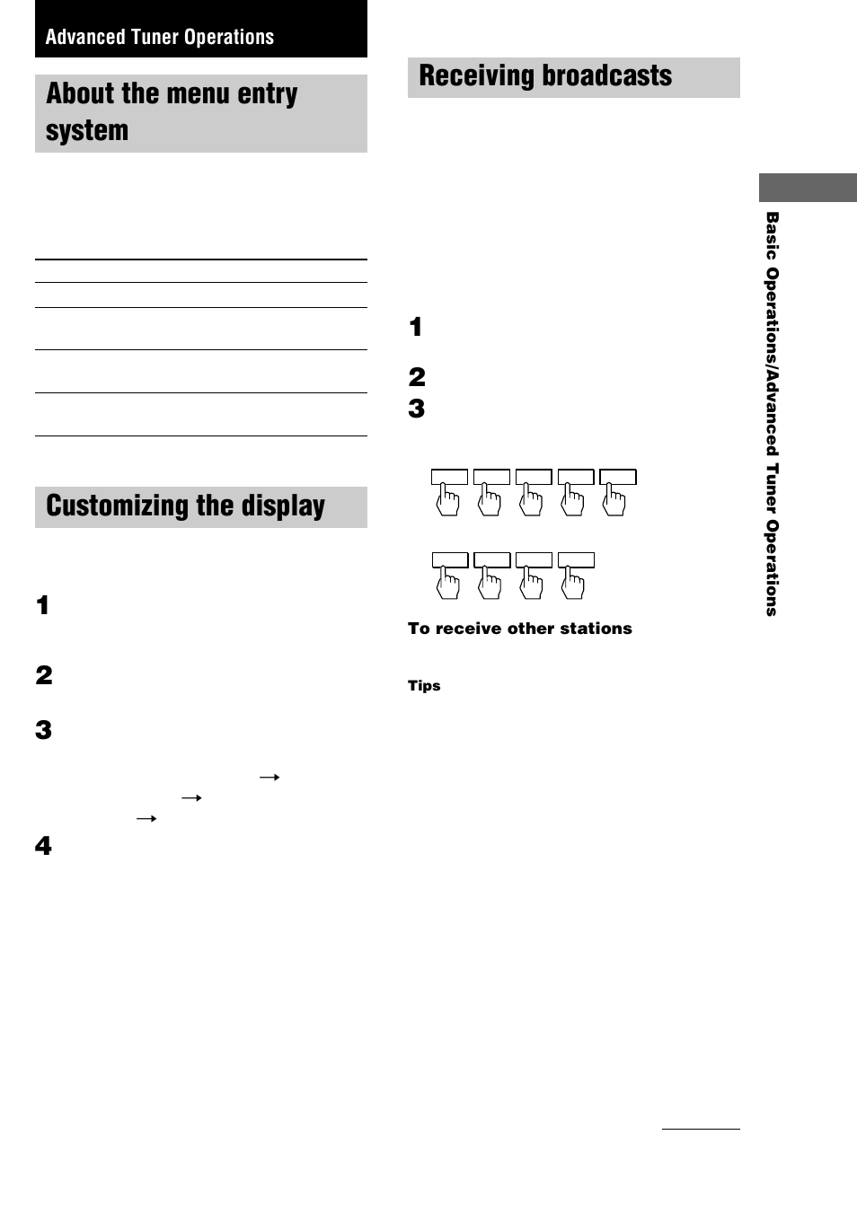 Advanced tuner operations, About the menu entry system, Customizing the display | Receiving broadcasts | Sony ST-SE370 User Manual | Page 9 / 20