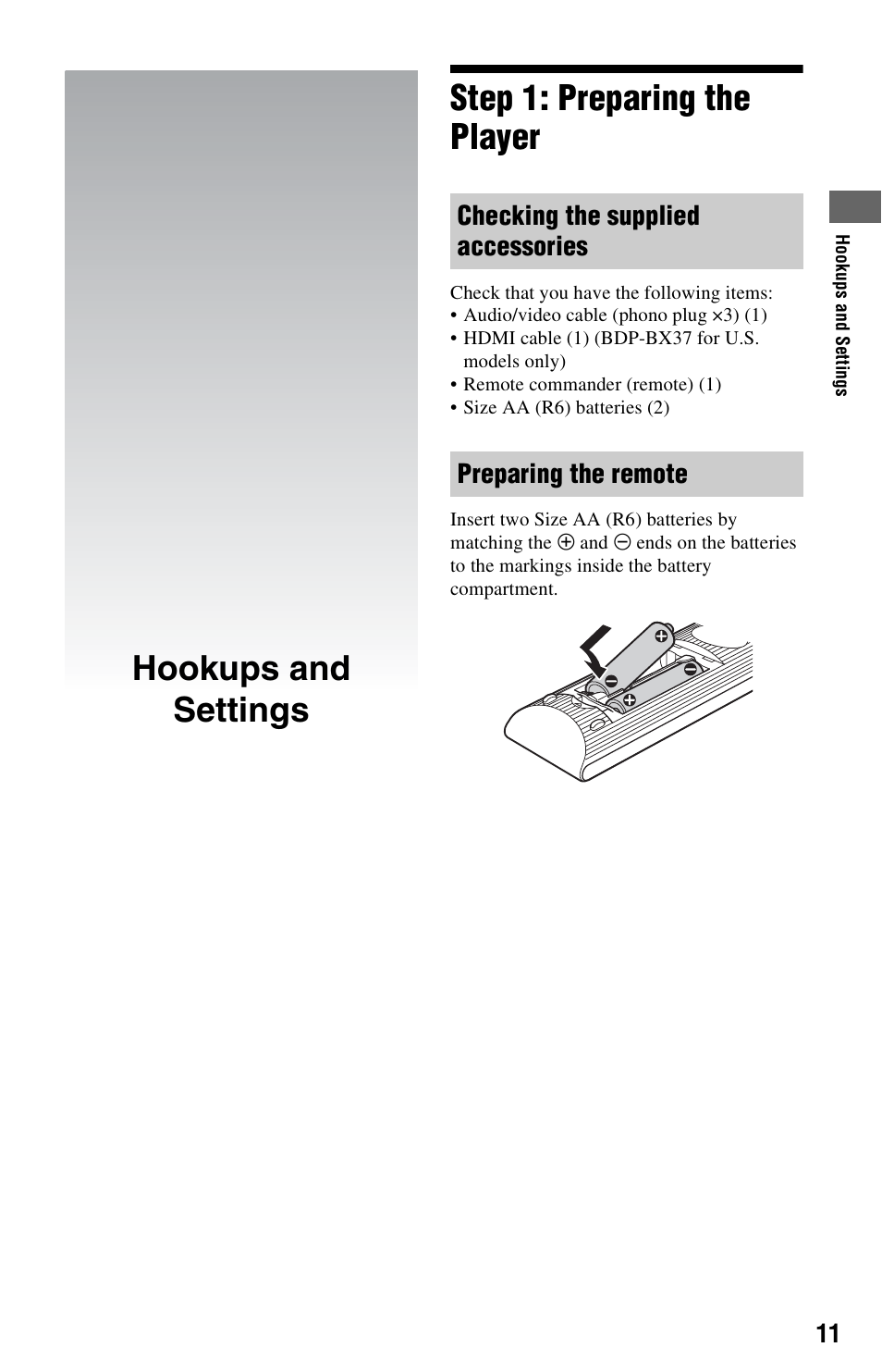 Hookups and settings, Step 1: preparing the player, Hookups and settings step 1: preparing the player | Sony BDP-S370 User Manual | Page 11 / 39