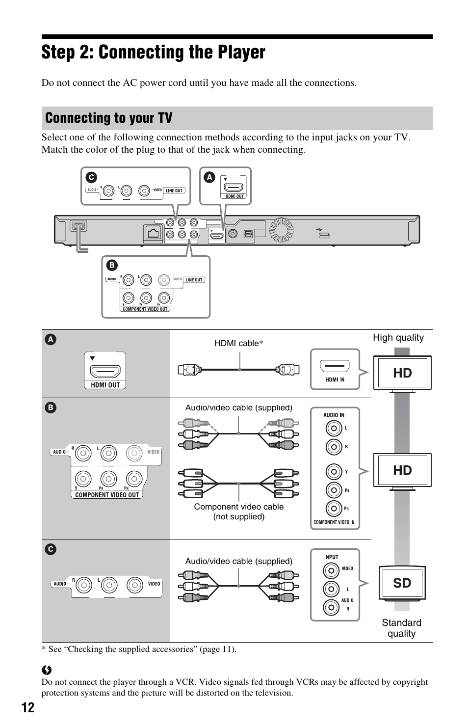 Step 2: connecting the player, Connecting to your tv | Sony BDP-S370 User Manual | Page 12 / 39