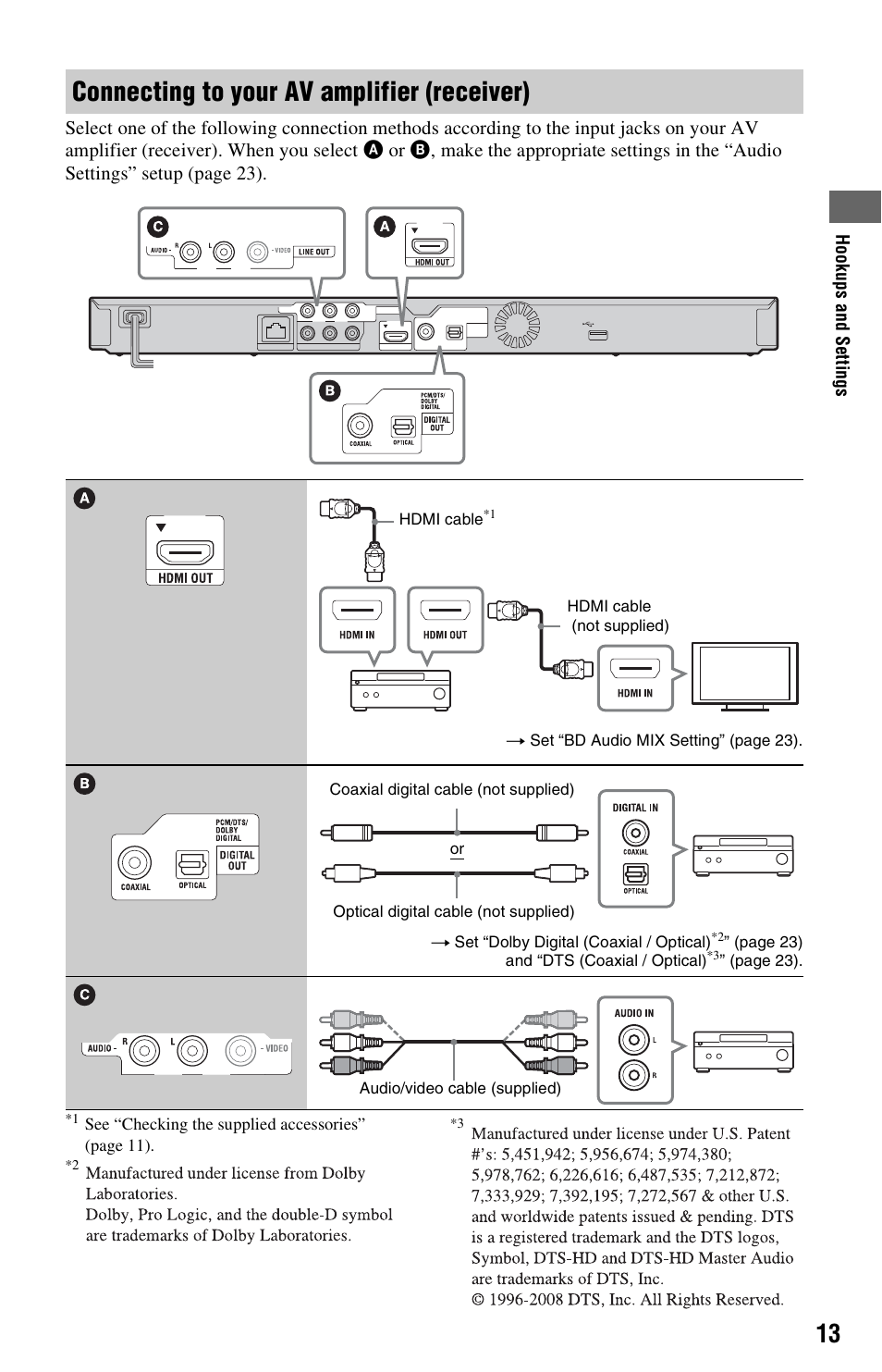 Connecting to your av amplifier (receiver) | Sony BDP-S370 User Manual | Page 13 / 39
