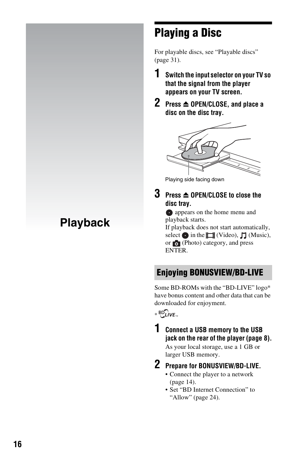 Playback, Playing a disc, Playback playing a disc | Enjoying bonusview/bd-live | Sony BDP-S370 User Manual | Page 16 / 39