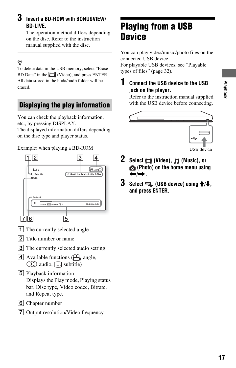 Playing from a usb device, Displaying the play information | Sony BDP-S370 User Manual | Page 17 / 39