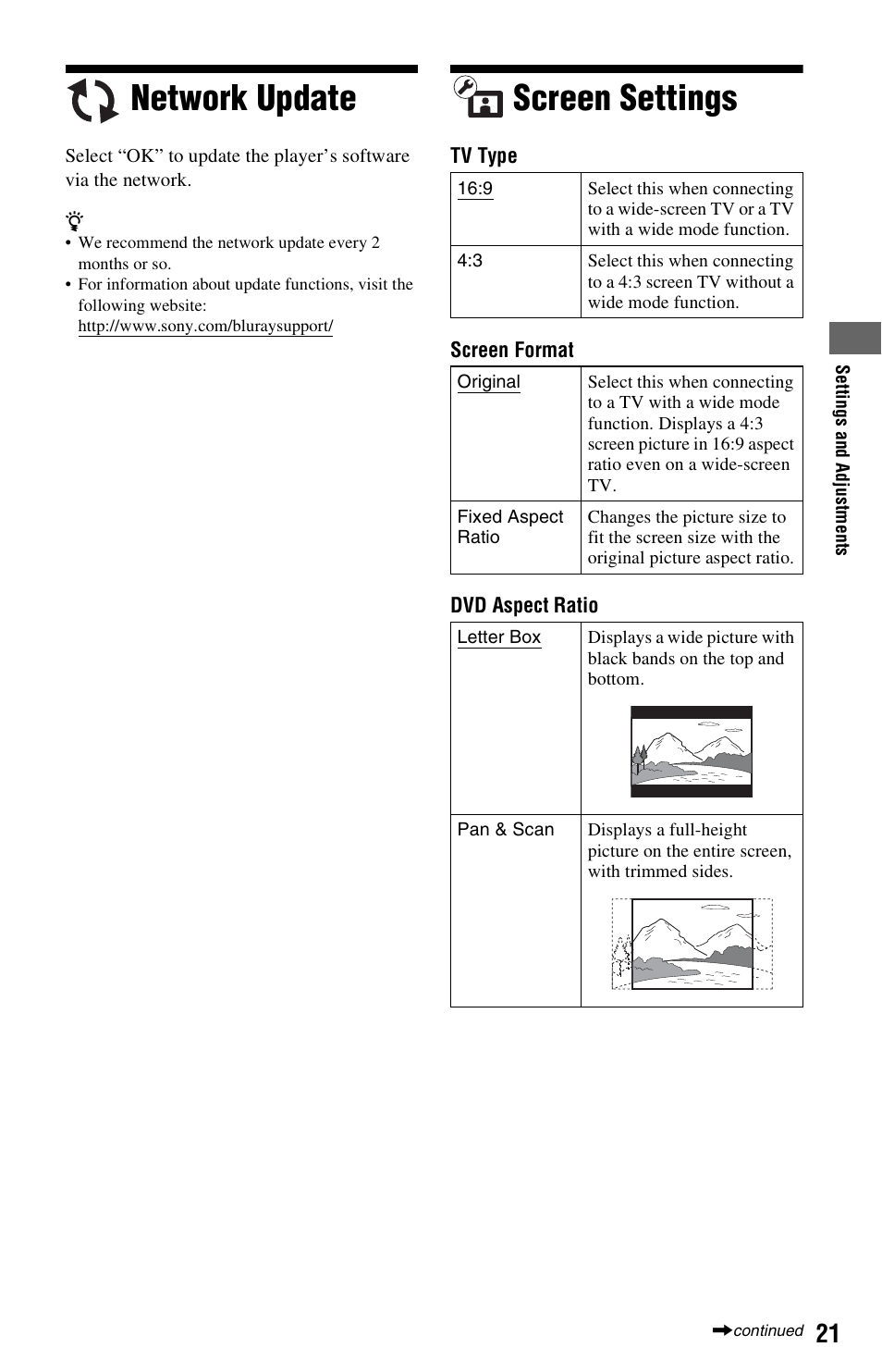 Network update, Screen settings, Network update screen settings | Sony BDP-S370 User Manual | Page 21 / 39