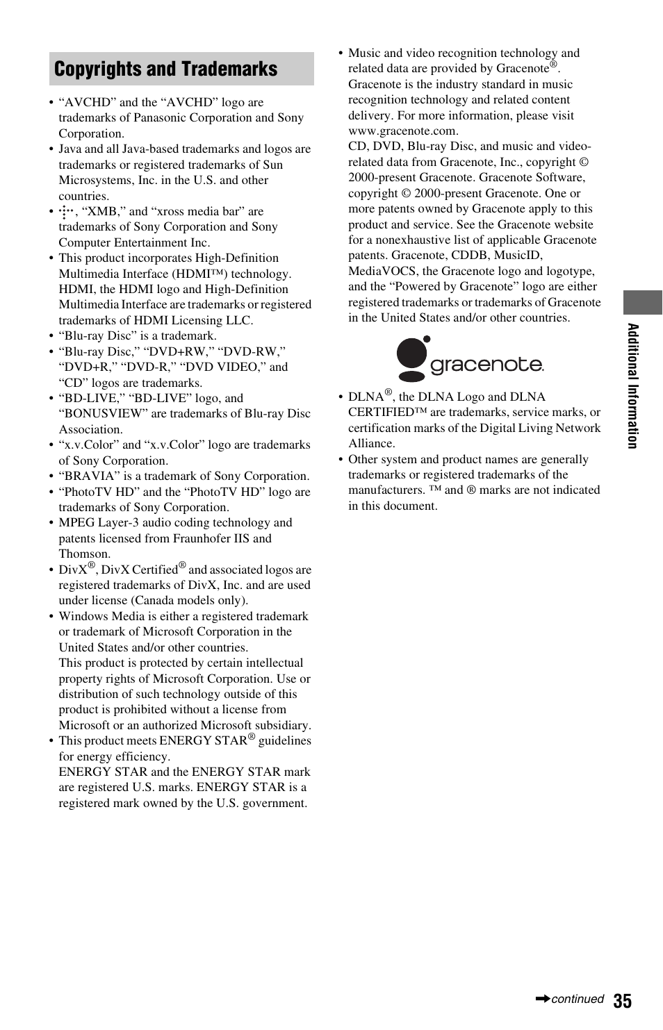 Copyrights and trademarks | Sony BDP-S370 User Manual | Page 35 / 39