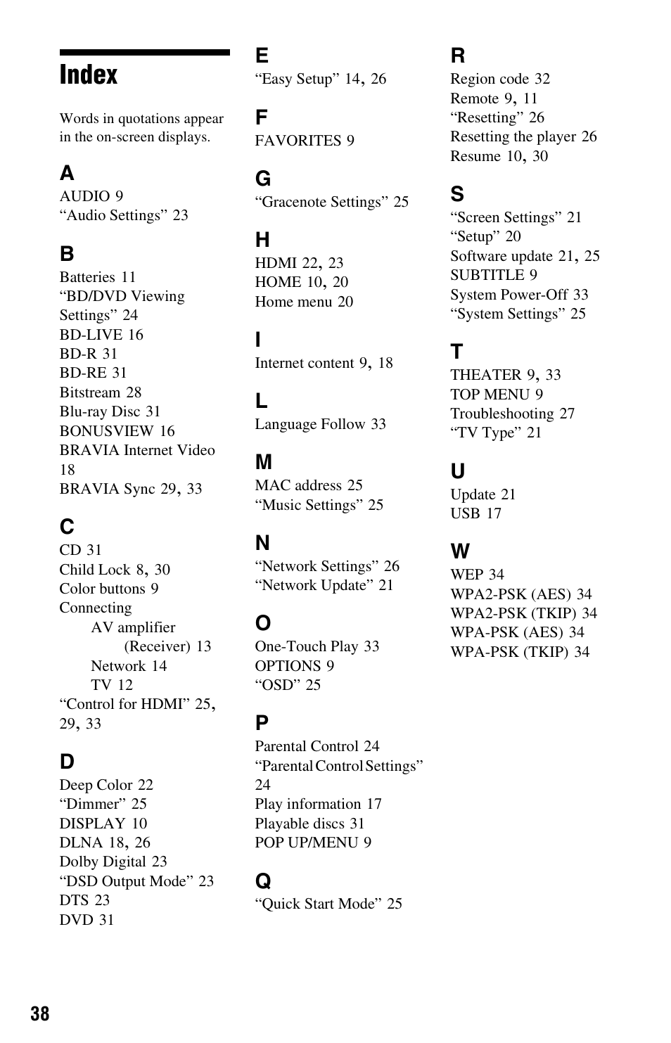 Index | Sony BDP-S370 User Manual | Page 38 / 39