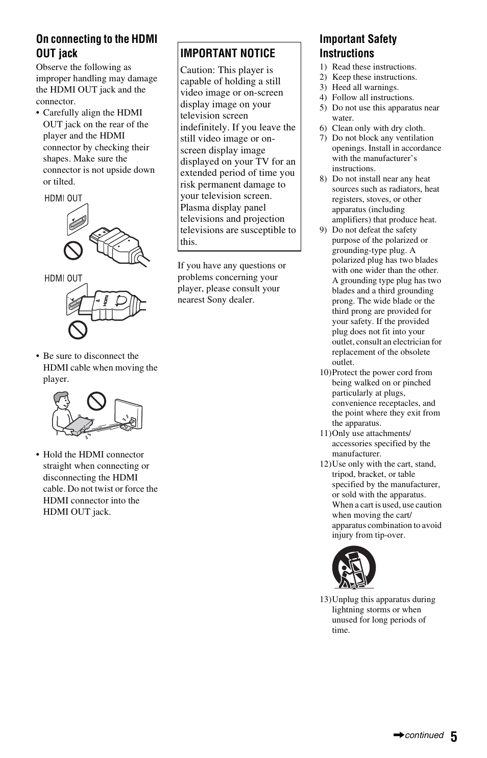 On connecting to the hdmi out jack, Important safety instructions, Important notice | Sony BDP-S370 User Manual | Page 5 / 39