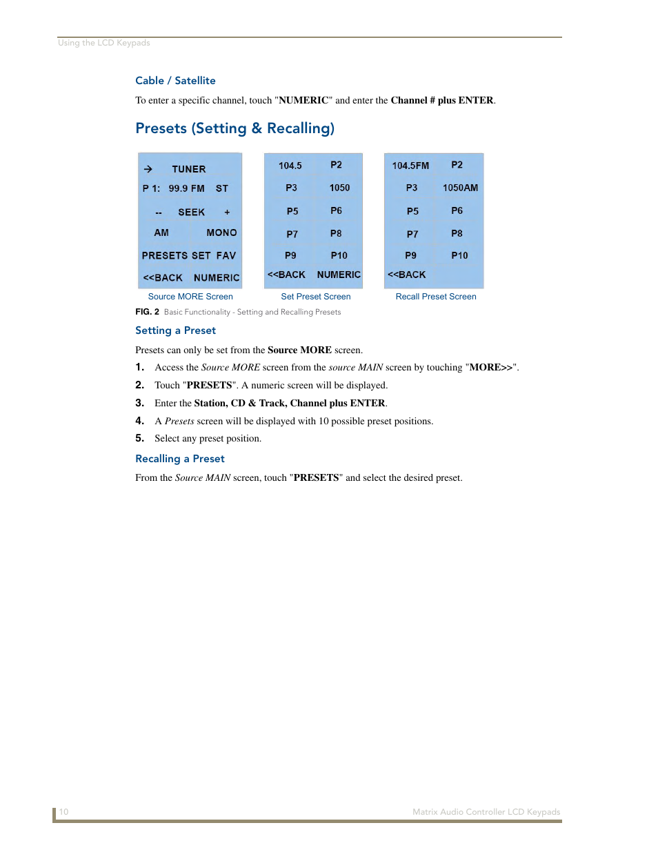 Cable / satellite, Presets (setting & recalling), Setting a preset | Recalling a preset | AMX DAS-KP-LCDS-W User Manual | Page 14 / 22