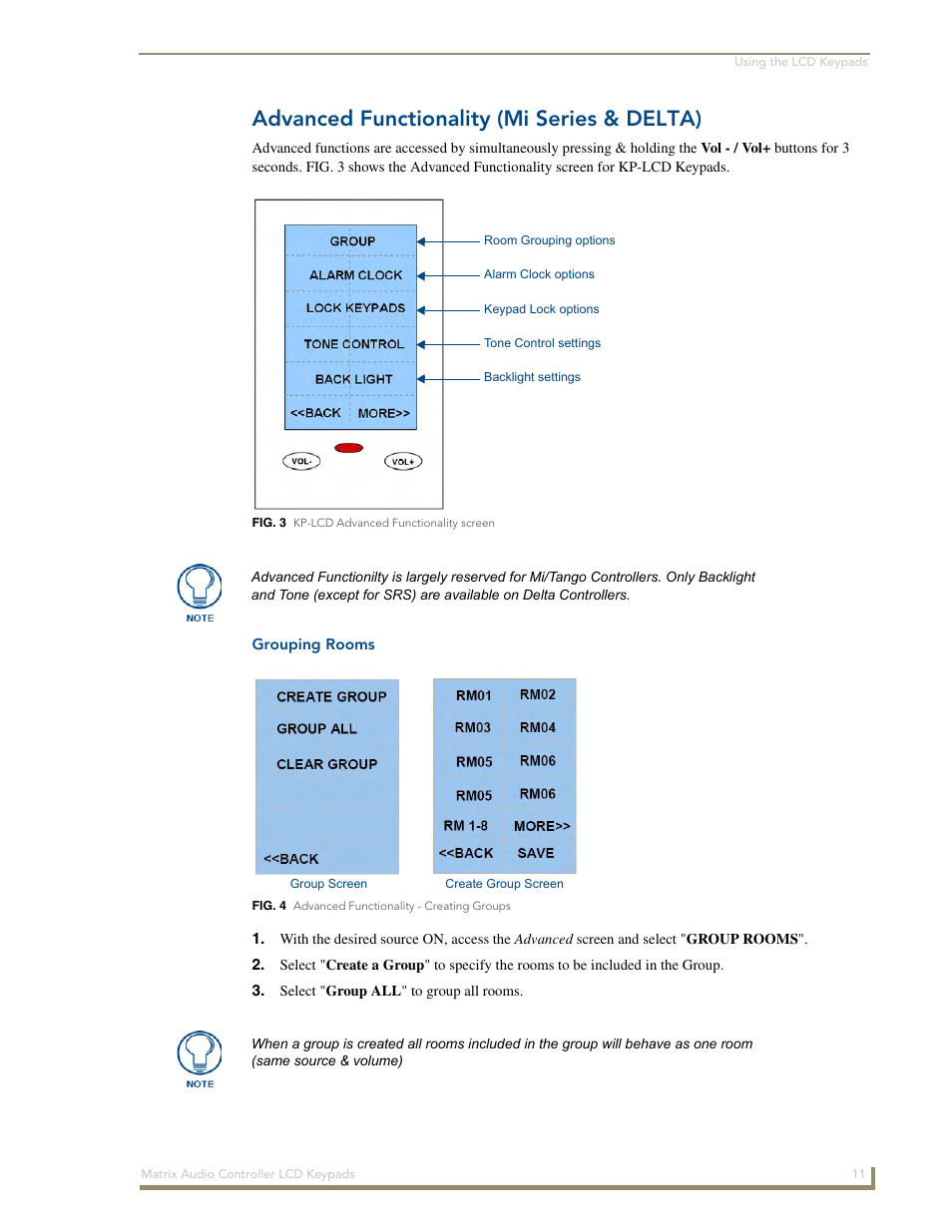 Advanced functionality (mi series & delta), Grouping rooms | AMX DAS-KP-LCDS-W User Manual | Page 15 / 22