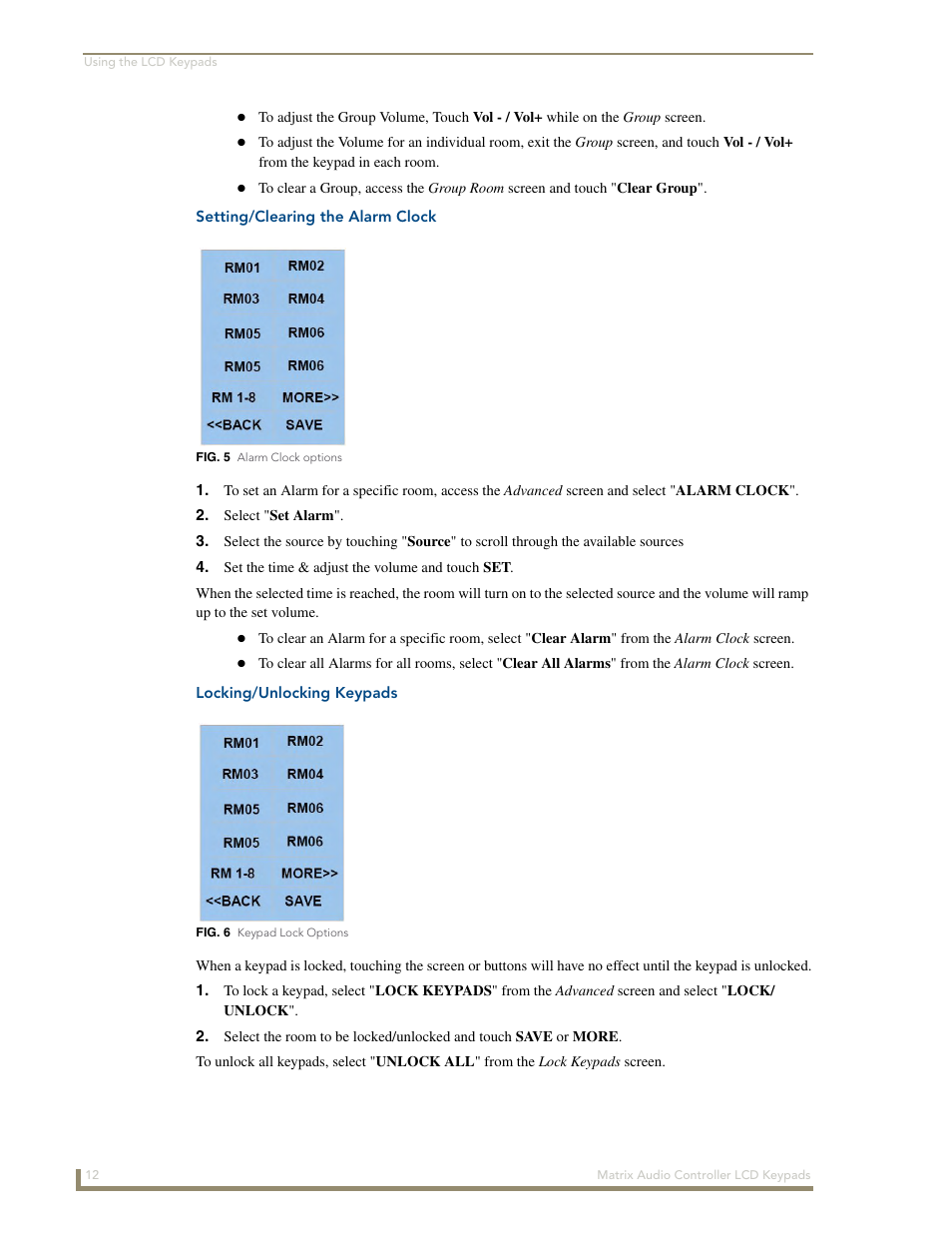 Setting/clearing the alarm clock, Locking/unlocking keypads | AMX DAS-KP-LCDS-W User Manual | Page 16 / 22