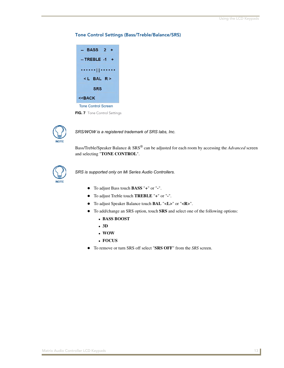 Tone control settings (bass/treble/balance/srs) | AMX DAS-KP-LCDS-W User Manual | Page 17 / 22