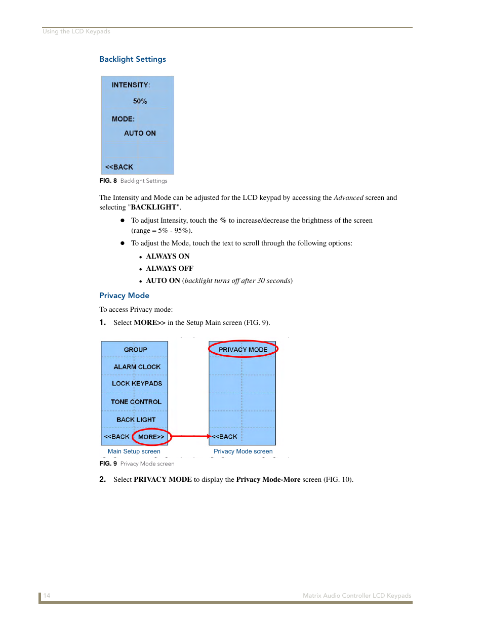 Backlight settings, Privacy mode | AMX DAS-KP-LCDS-W User Manual | Page 18 / 22