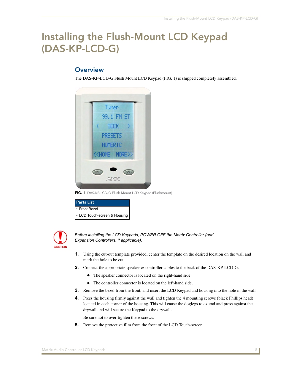 Overview, Installing the flush-mount lcd keypad, Das-kp-lcd-g) | AMX DAS-KP-LCDS-W User Manual | Page 9 / 22