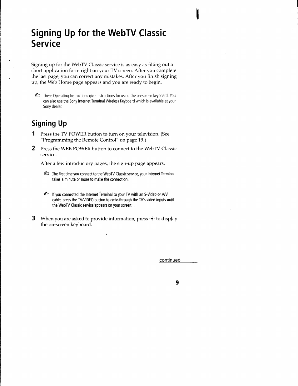 Signing up for the webtv classic service, Signing up | Sony INT-W150 User Manual | Page 13 / 29