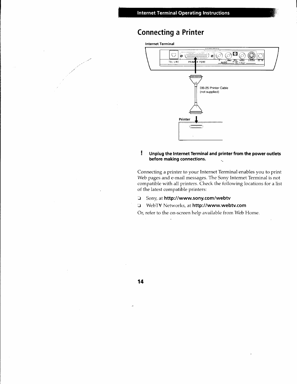 Connecting a printer, Internet terminal operating instructions, Sony, at | Webtv networks, at | Sony INT-W150 User Manual | Page 18 / 29