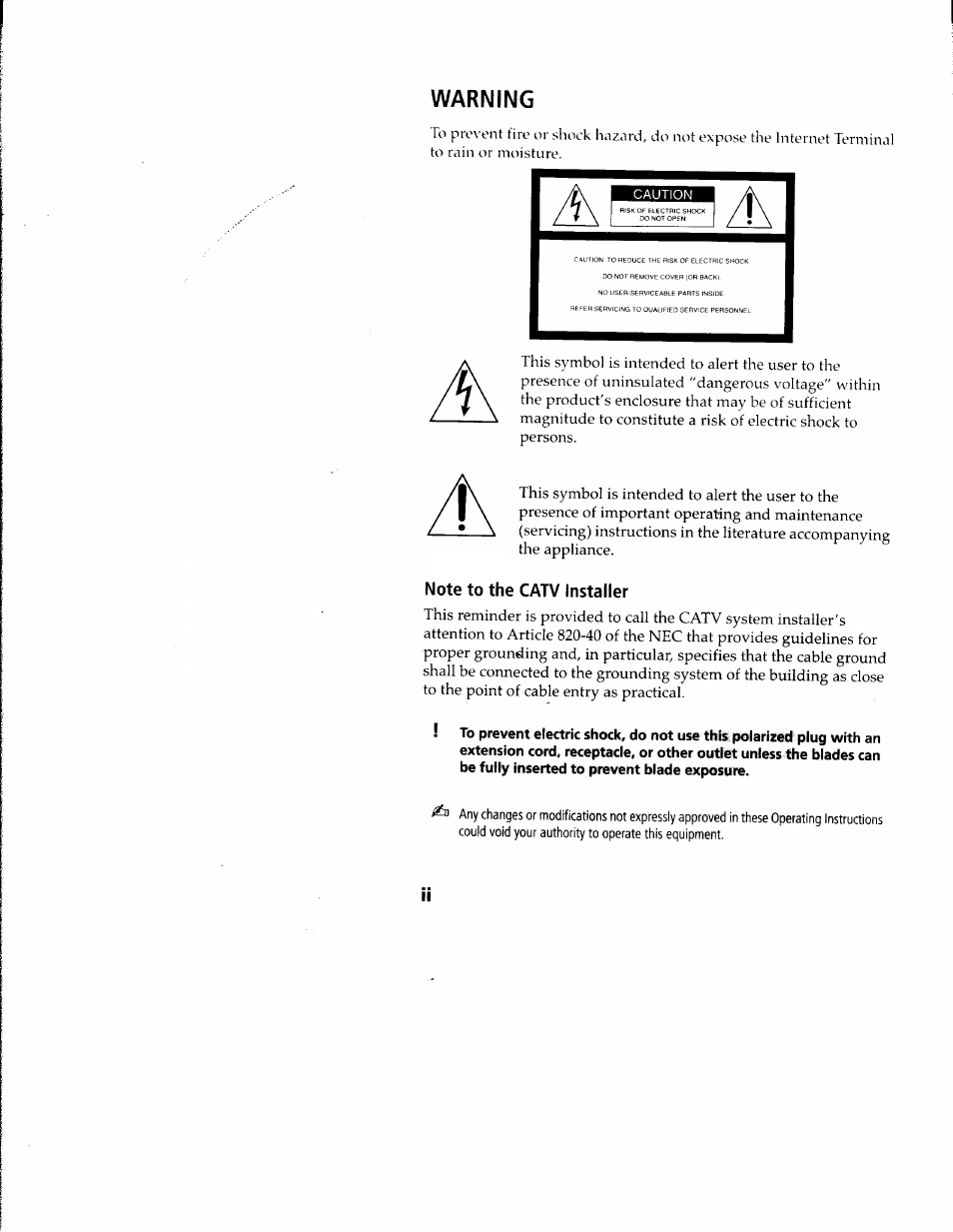 Warning, Note to the catv installer | Sony INT-W150 User Manual | Page 2 / 29