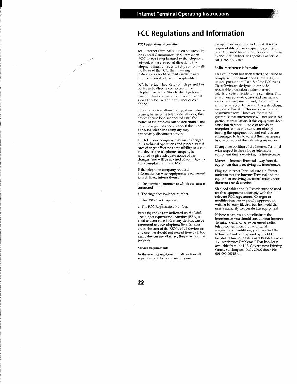 Fcc regulations and information, Internet terminal operating instructions | Sony INT-W150 User Manual | Page 26 / 29