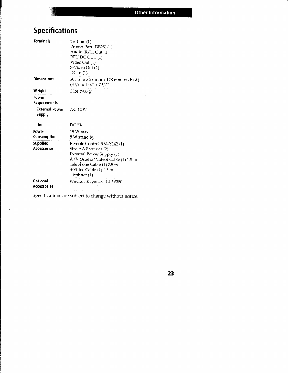 Specifications, Terminals, Dimensions | Weight, Power, Unit, Optional, Other information | Sony INT-W150 User Manual | Page 27 / 29