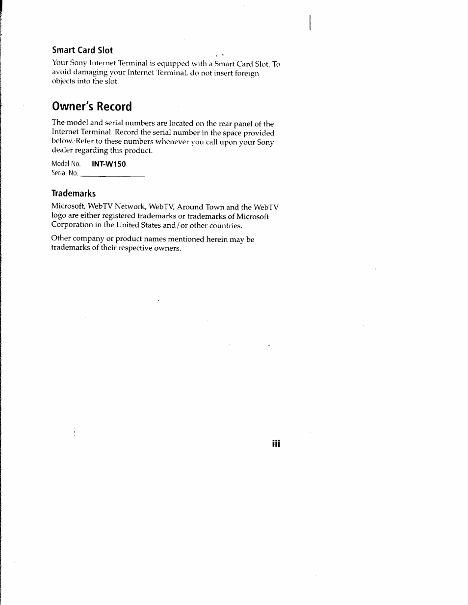 Smart card slot, Owner's record, Trademarks | Sony INT-W150 User Manual | Page 3 / 29