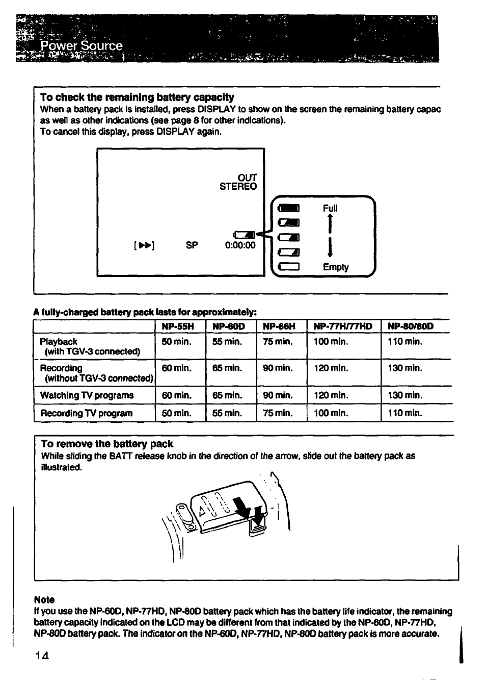 To check the remaining battery capacity | Sony GV-S50 User Manual | Page 14 / 43