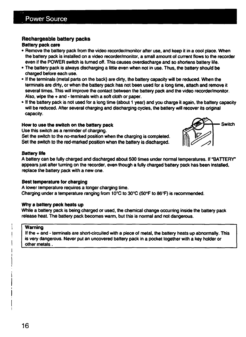 Power source, Rechargeable battery packs | Sony GV-S50 User Manual | Page 16 / 43