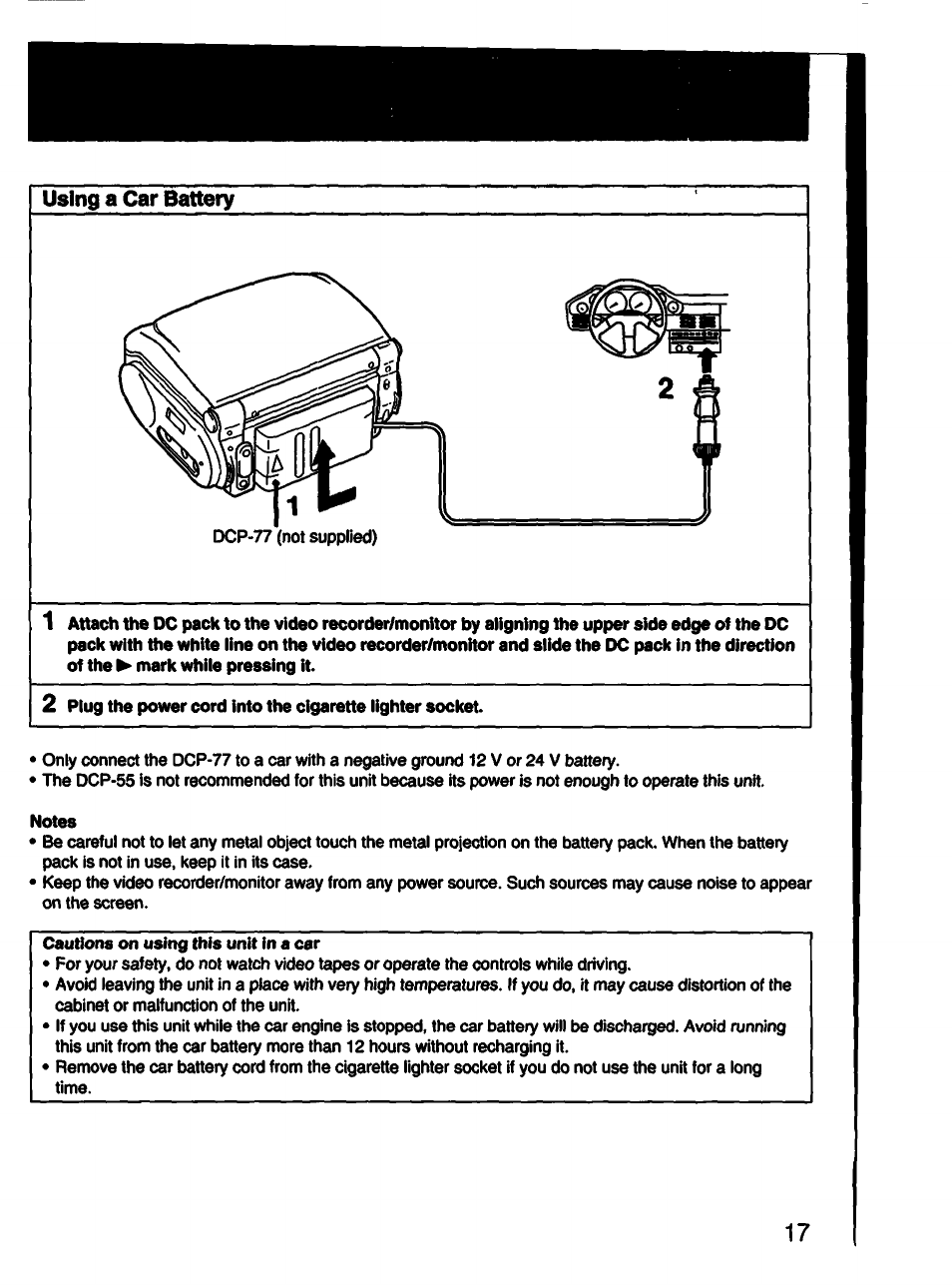 Using a car battery | Sony GV-S50 User Manual | Page 17 / 43