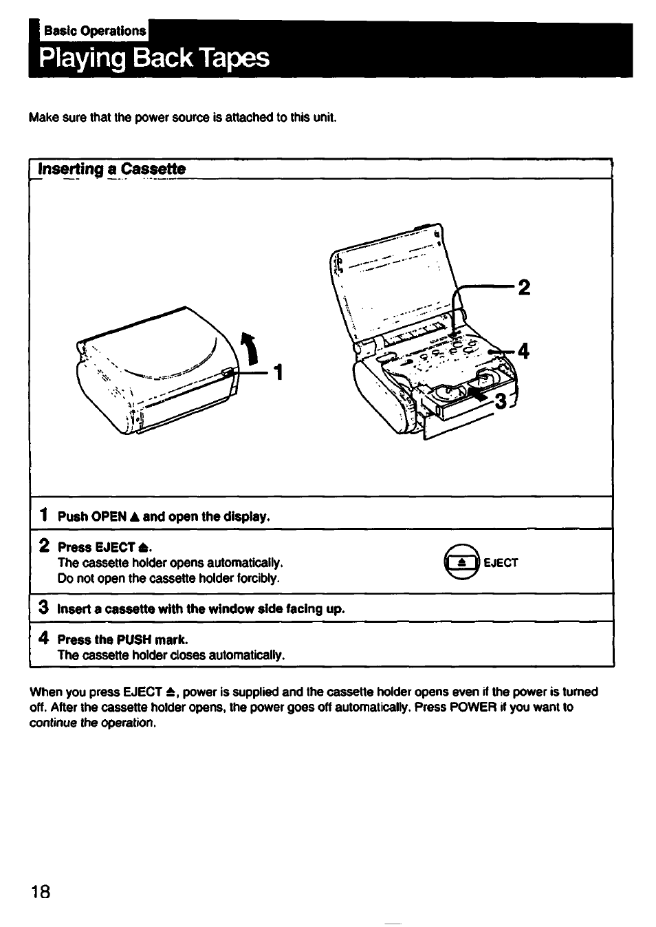 Playing back tapes, Inserting a cassette | Sony GV-S50 User Manual | Page 18 / 43