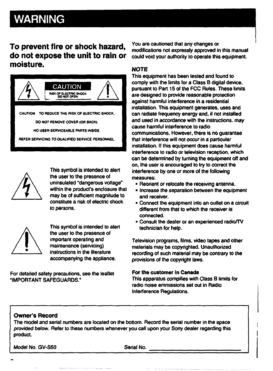 Warning, Note, Owner’s record | Sony GV-S50 User Manual | Page 2 / 43