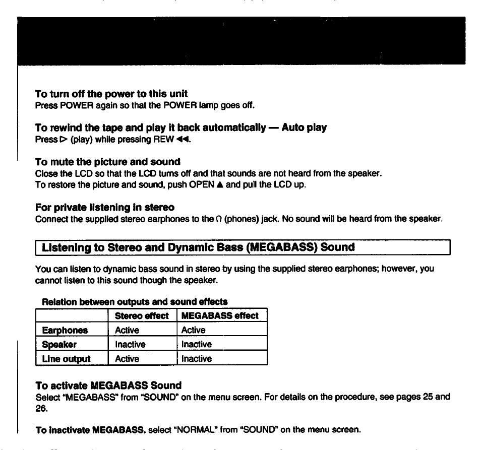 To turn off the power to this unit, To mute the picture and sound, For private listening in stereo | To activate megabass sound | Sony GV-S50 User Manual | Page 21 / 43