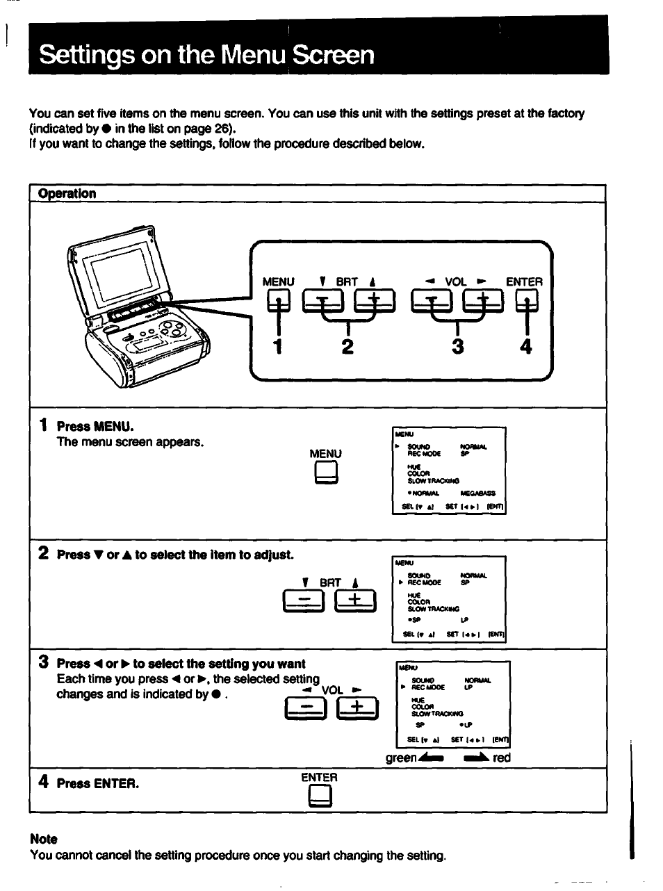 Settings on the menu screen, S s i | Sony GV-S50 User Manual | Page 25 / 43