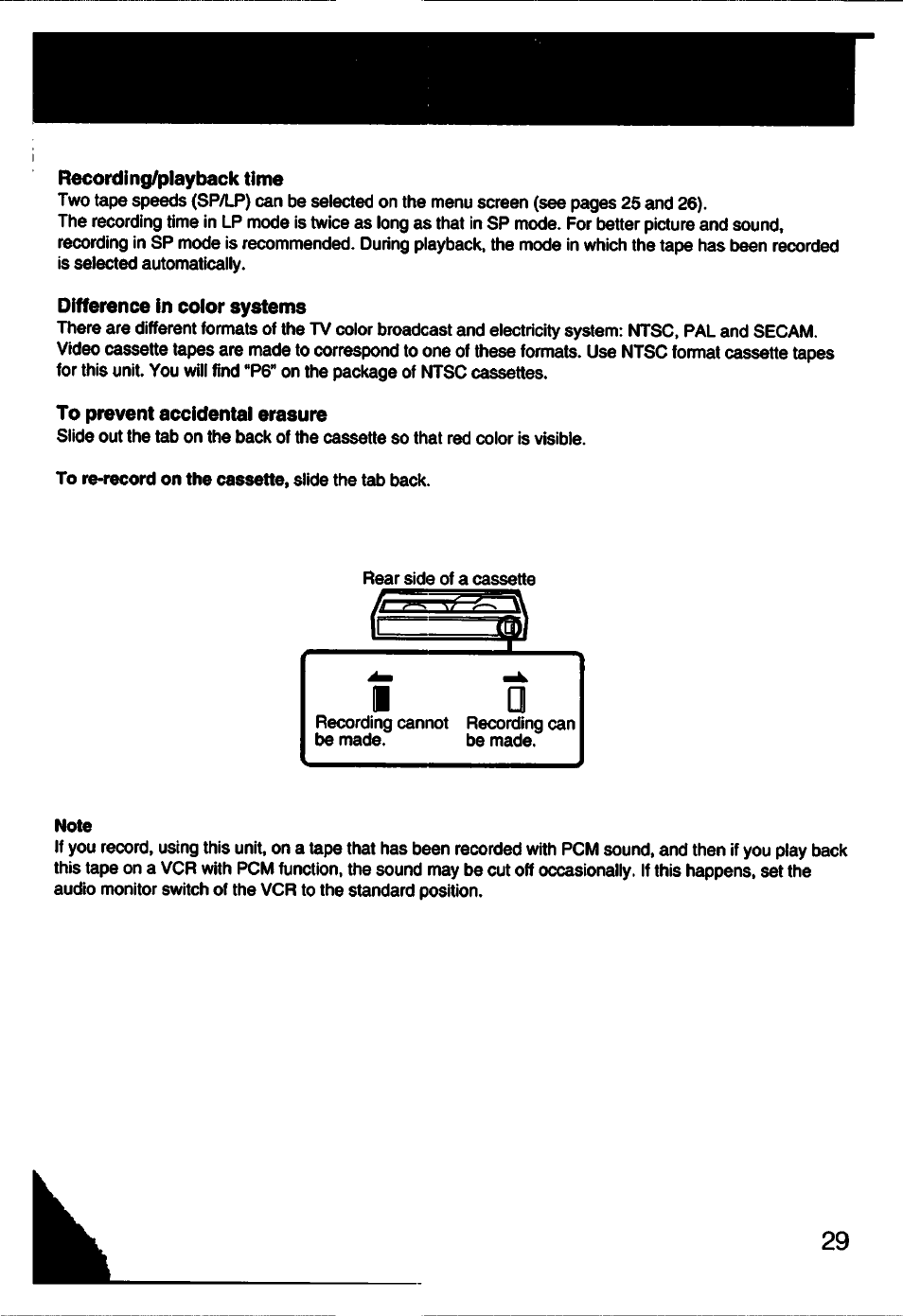 Recording/playback time, Difference in coior systems, To prevent accidentai erasure | Sony GV-S50 User Manual | Page 29 / 43