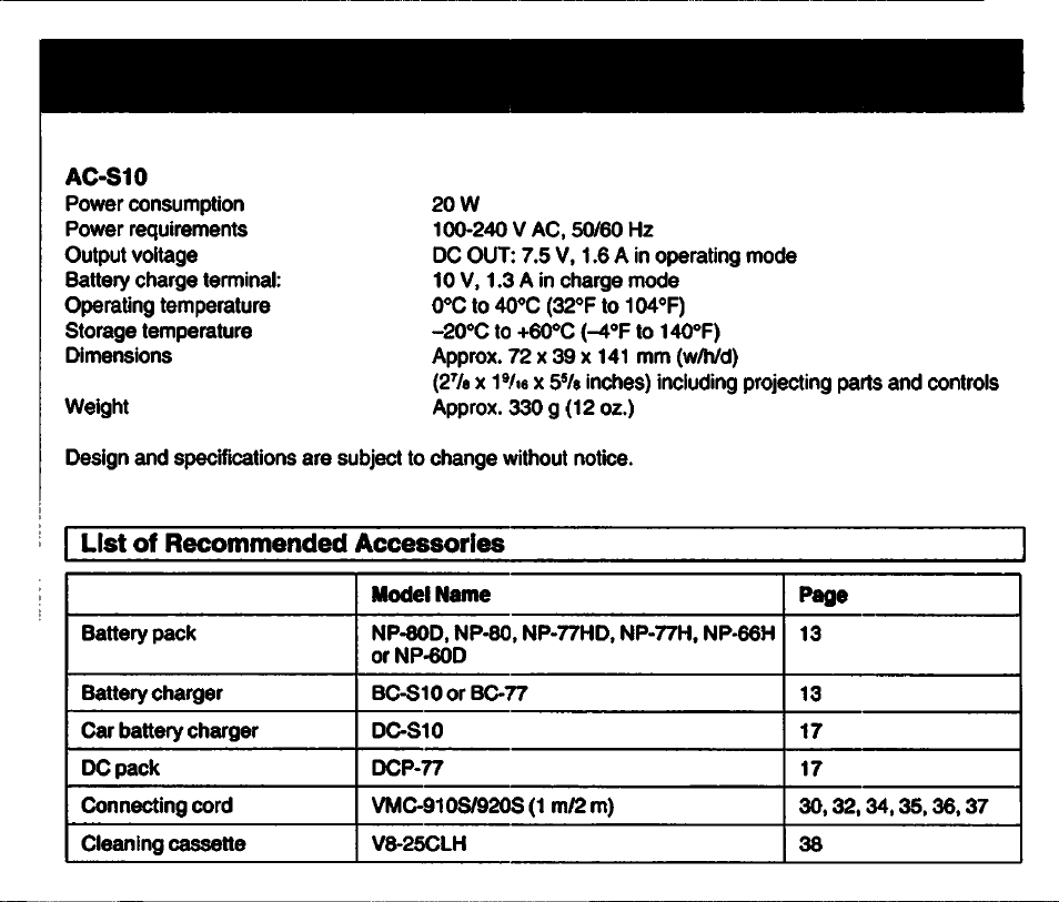 List of recommended accessories | Sony GV-S50 User Manual | Page 41 / 43