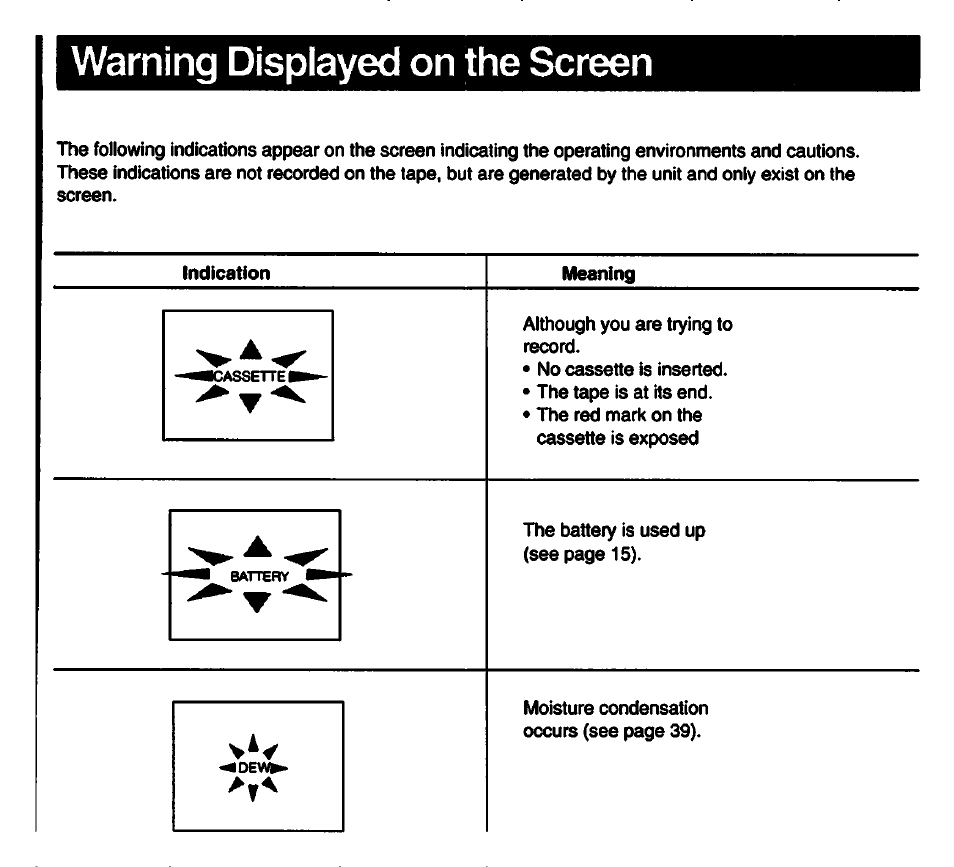 Warning displayed on the screen | Sony GV-S50 User Manual | Page 43 / 43