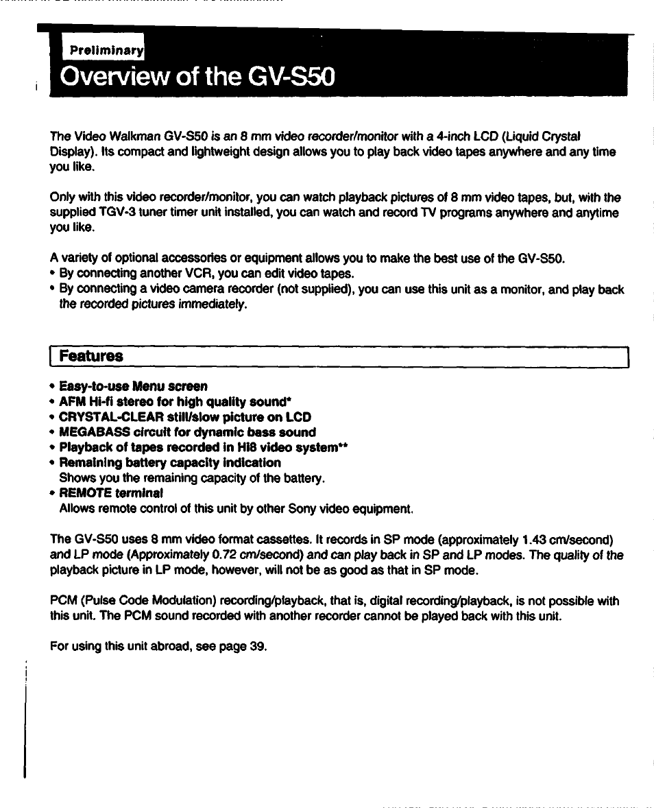 Overview of the gv-s50, Overview of the gv-s60 | Sony GV-S50 User Manual | Page 5 / 43