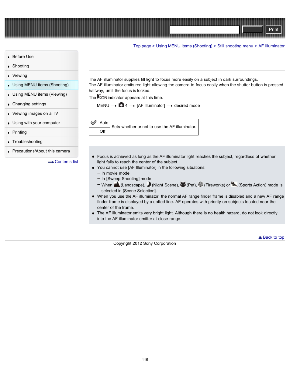 Af illuminator, Cyber-shot user guide | Sony DSC-RX100 User Manual | Page 122 / 259