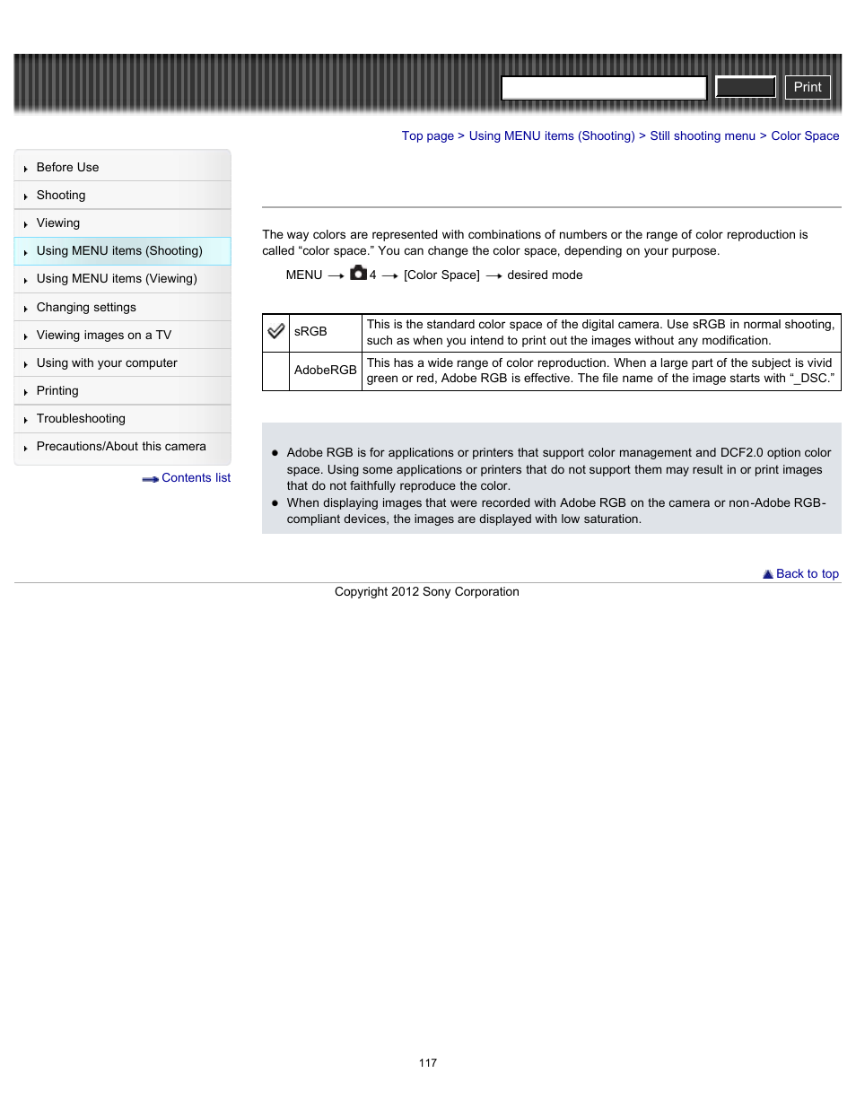 Color space, Cyber-shot user guide | Sony DSC-RX100 User Manual | Page 124 / 259