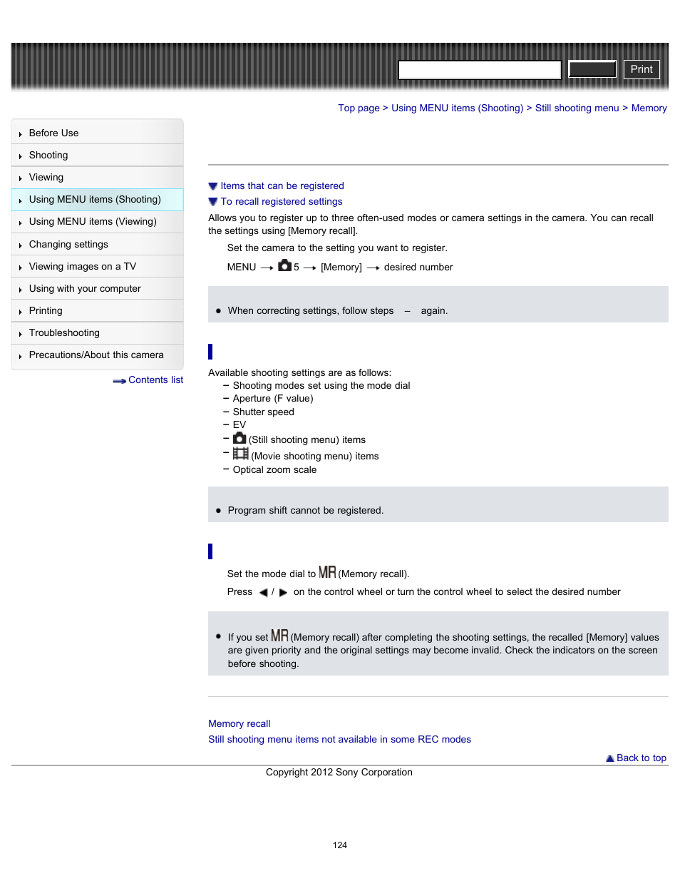 Memory, Items that can be registered, To recall registered settings | Details, Cyber-shot user guide | Sony DSC-RX100 User Manual | Page 131 / 259