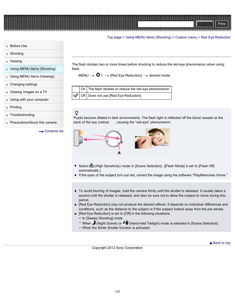 Red eye reduction, Cyber-shot user guide | Sony DSC-RX100 User Manual | Page 144 / 259