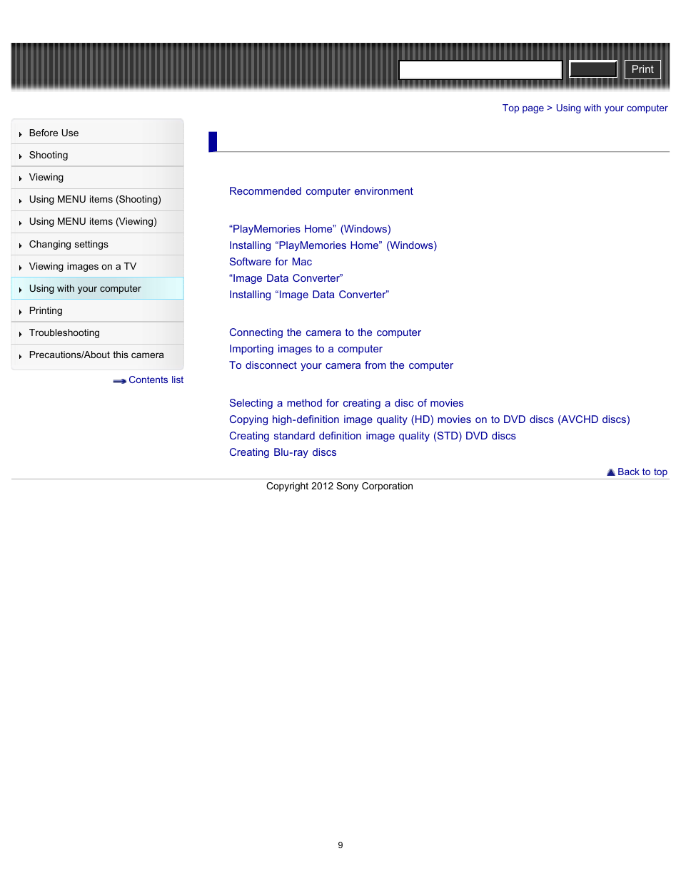 Using with your computer, Using the software, Importing images to a computer | Creating a disc of movies, Cyber-shot user guide | Sony DSC-RX100 User Manual | Page 16 / 259