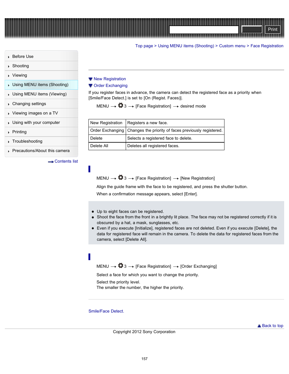 Face registration, New registration, Order exchanging | Cyber-shot user guide | Sony DSC-RX100 User Manual | Page 164 / 259