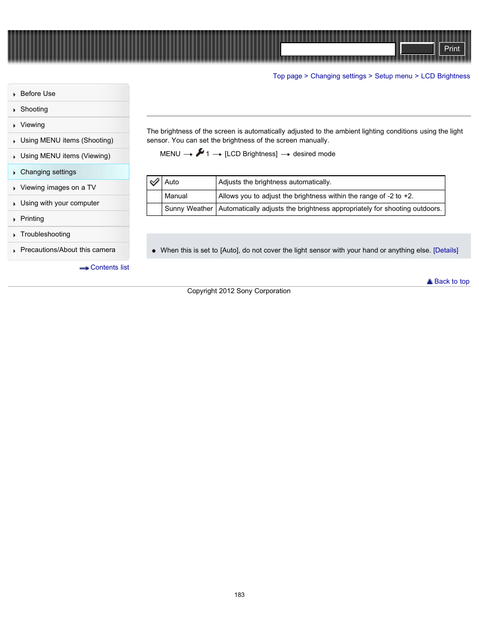 Lcd brightness, Cyber-shot user guide | Sony DSC-RX100 User Manual | Page 190 / 259