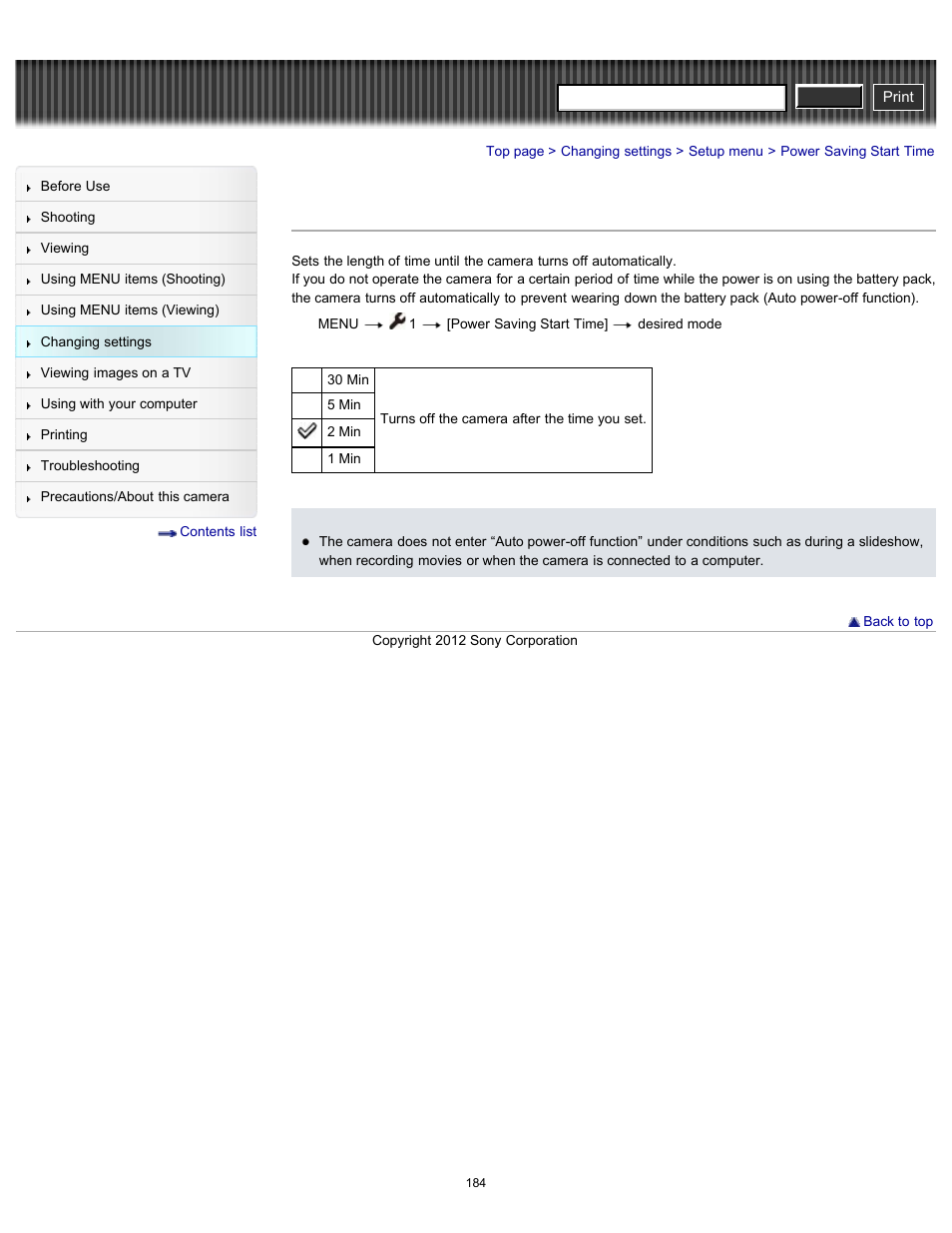 Power saving start time, Cyber-shot user guide | Sony DSC-RX100 User Manual | Page 191 / 259