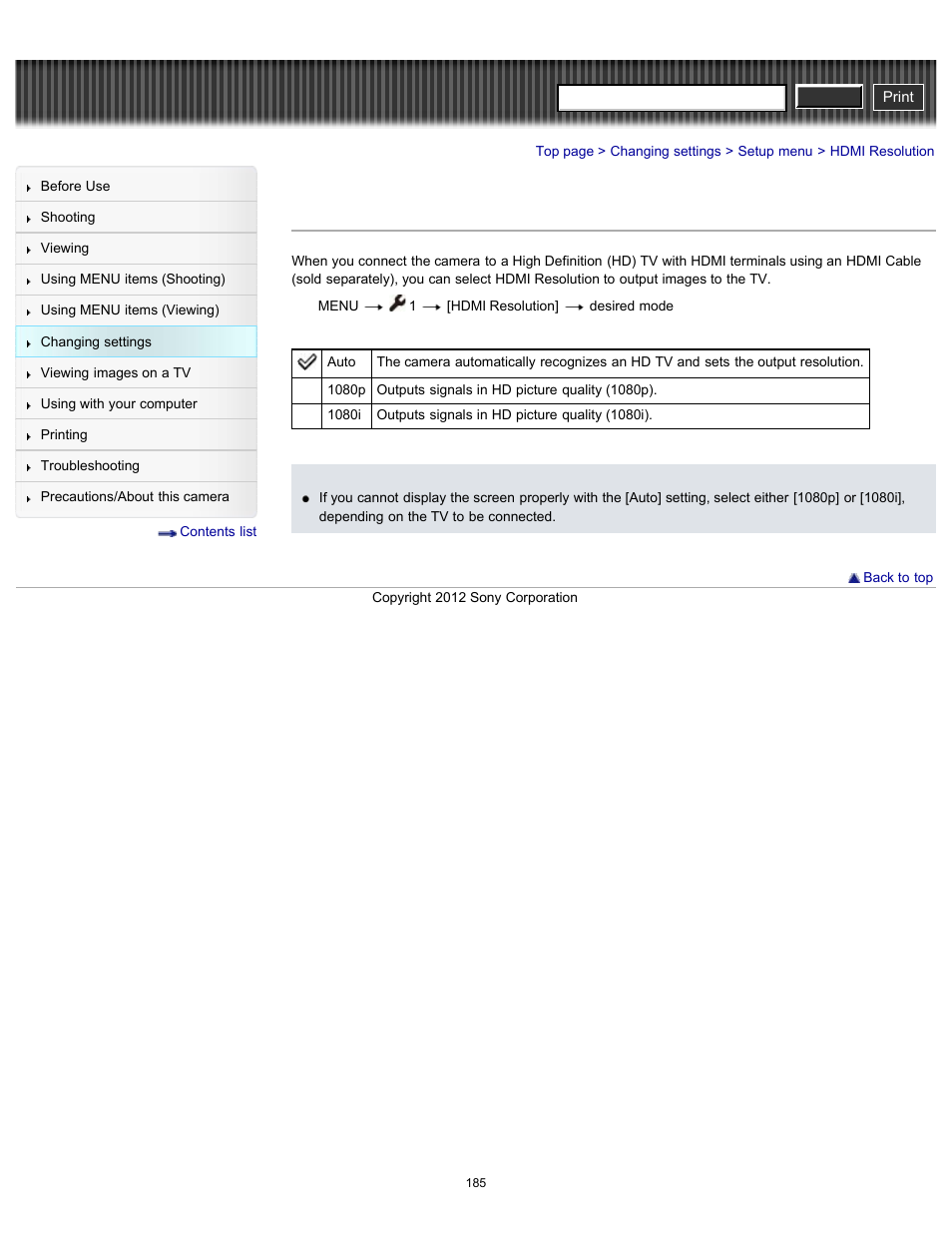 Hdmi resolution, Cyber-shot user guide | Sony DSC-RX100 User Manual | Page 192 / 259