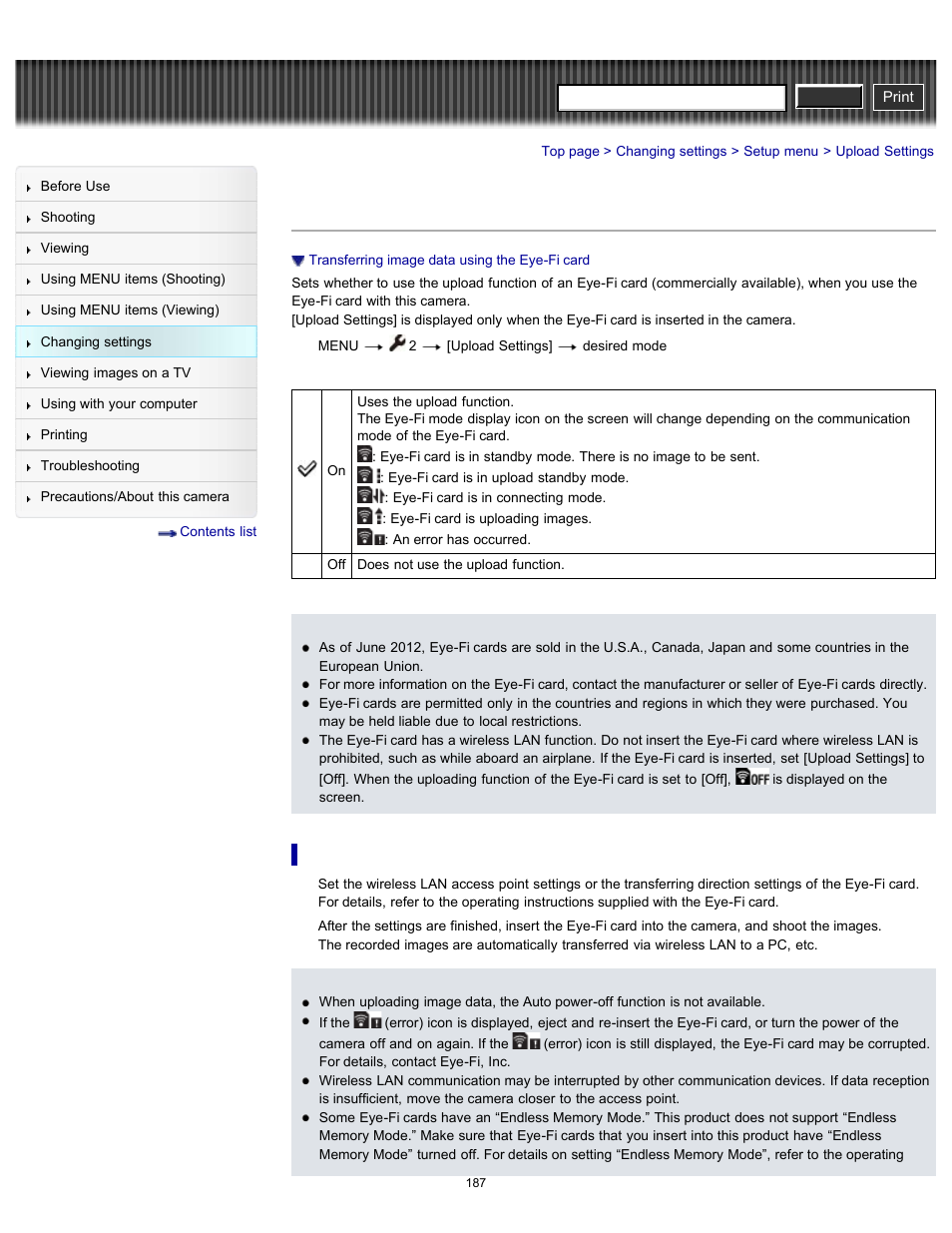 Upload settings, Transferring image data using the eye-fi card, Cyber-shot user guide | Sony DSC-RX100 User Manual | Page 194 / 259