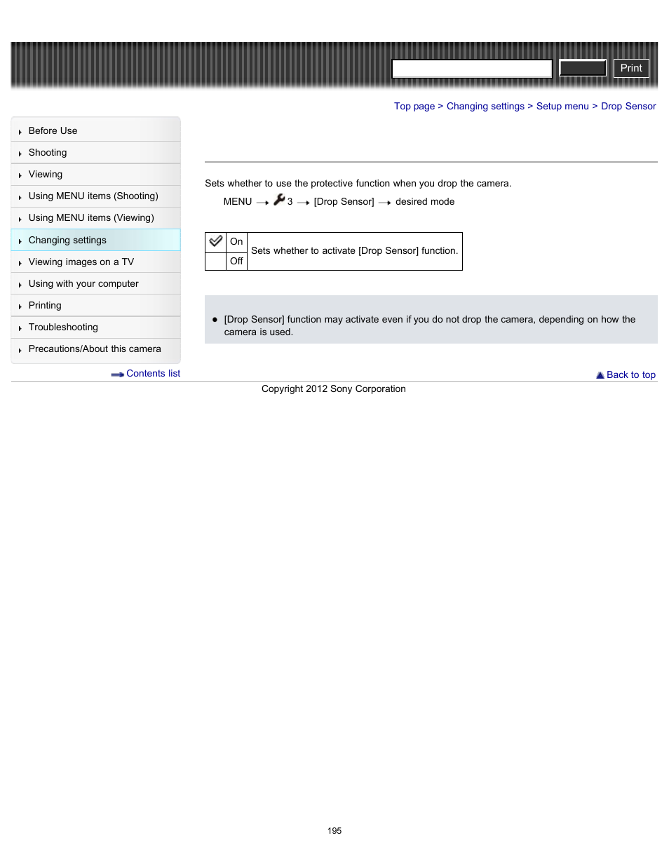Drop sensor, Cyber-shot user guide | Sony DSC-RX100 User Manual | Page 202 / 259
