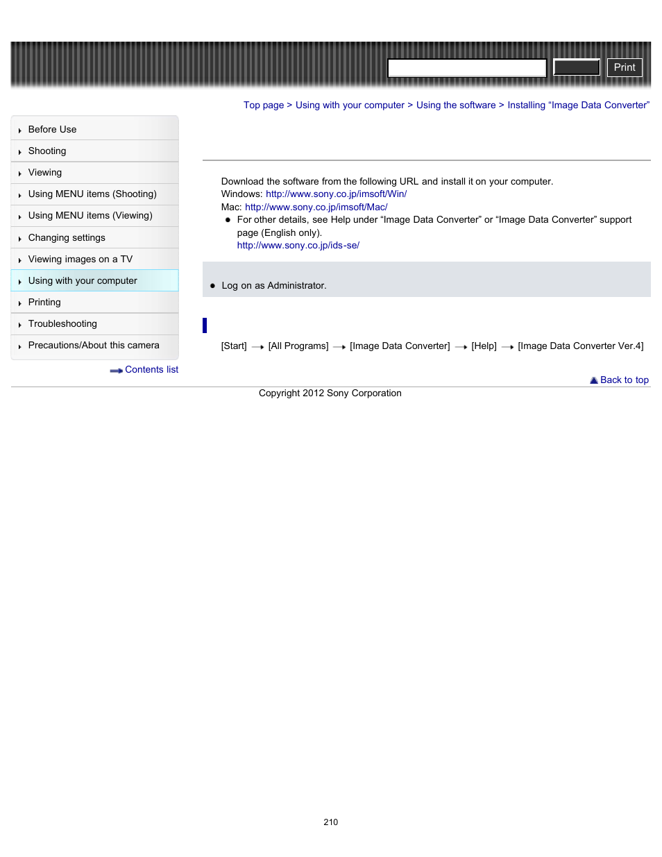 Installing “image data converter, Cyber-shot user guide | Sony DSC-RX100 User Manual | Page 217 / 259