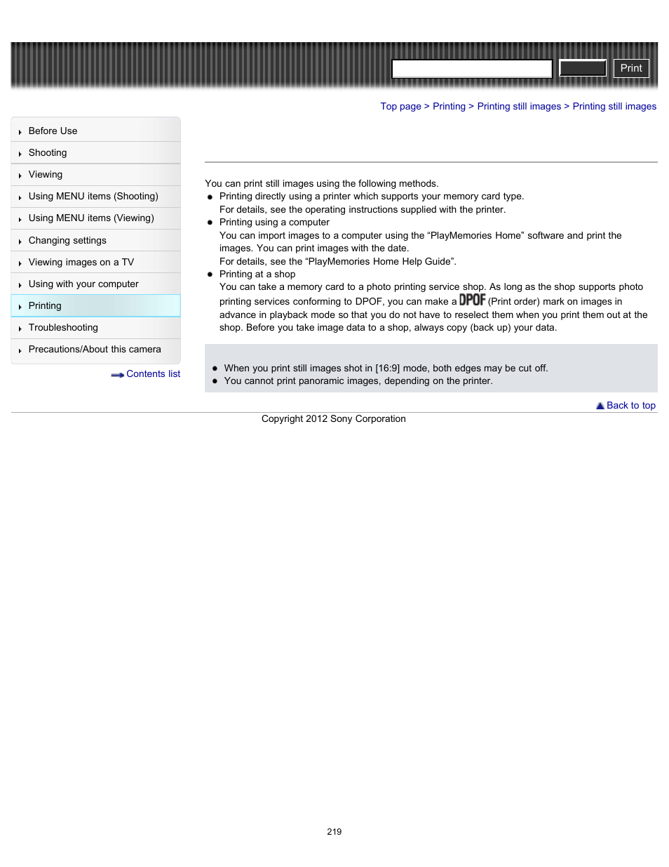 Printing still images, Cyber-shot user guide | Sony DSC-RX100 User Manual | Page 226 / 259