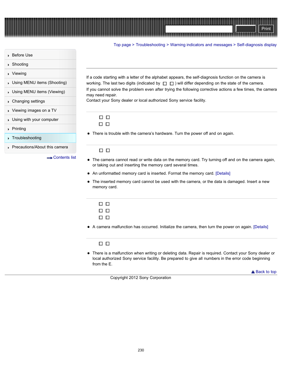 Self-diagnosis display, Cyber-shot user guide | Sony DSC-RX100 User Manual | Page 237 / 259